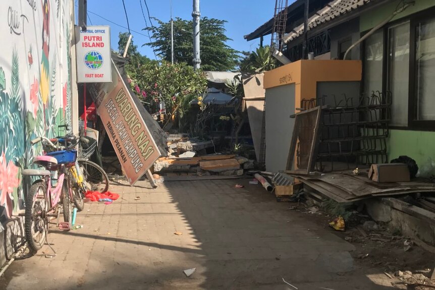 Roofs collapsed on buildings on Gili Island after a magnitude-7 earthquake.  Photo taken on August 6, 2018.