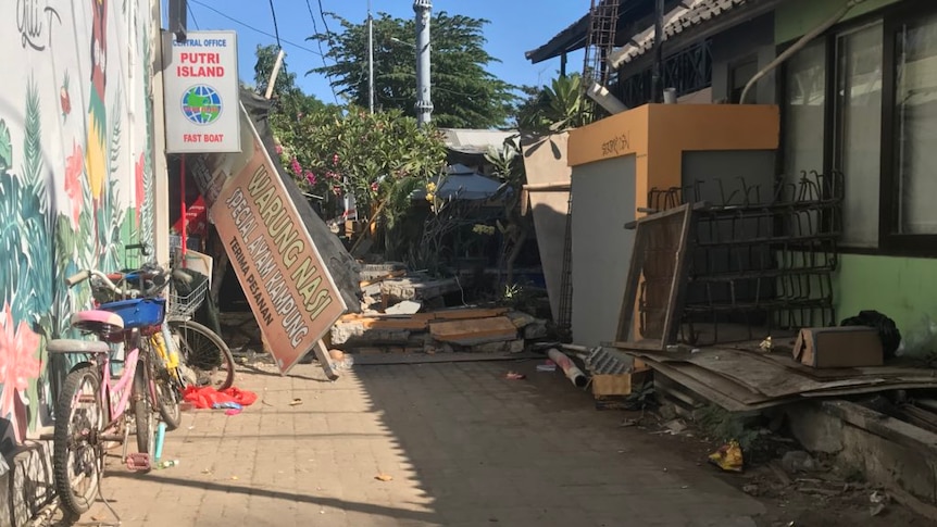 Roofs collapsed on buildings on Gili Island after a magnitude-7 earthquake.  Photo taken on August 6, 2018.