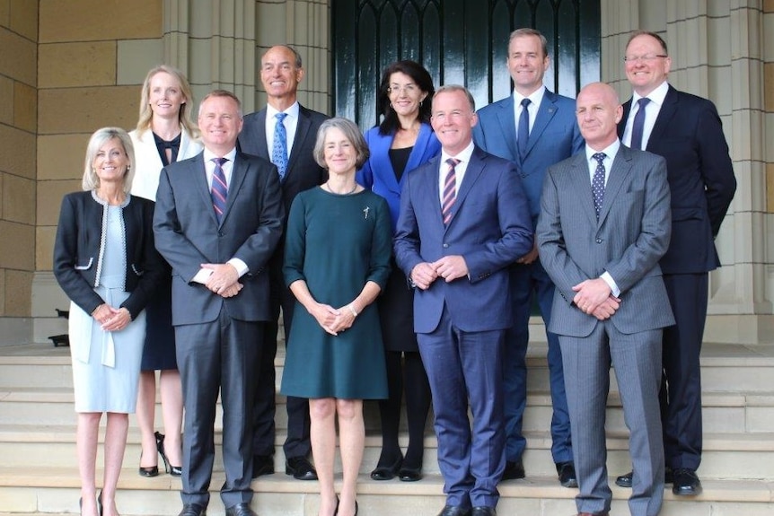 Hodgman Cabinet with Governor Kate Warner on Government House steps after swearing in ceremony
