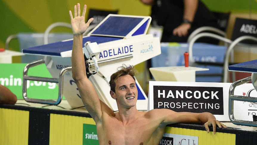 Cameron McEvoy reacts after winning a race