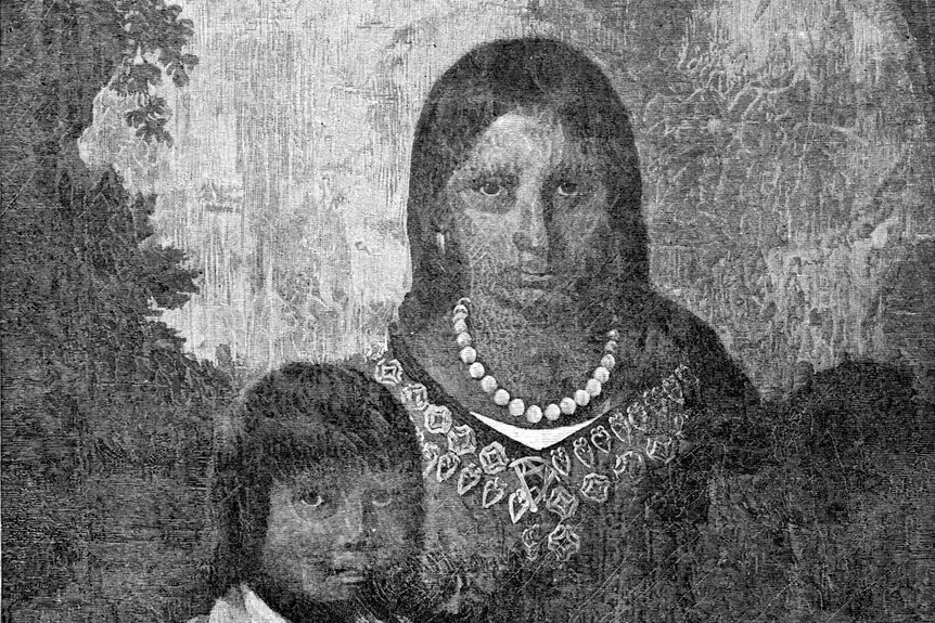 Grainy black and white sketch of a woman with downcast eyes and long black hair next to a young child.