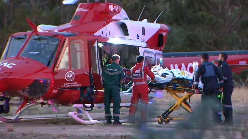 A dog attack victim is carried on a stretcher into a helicopter.