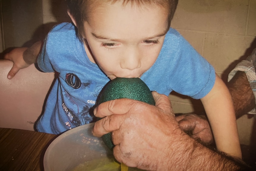 A young boy blowing the yolk out of the top of an emerald-green-coloured emu egg.