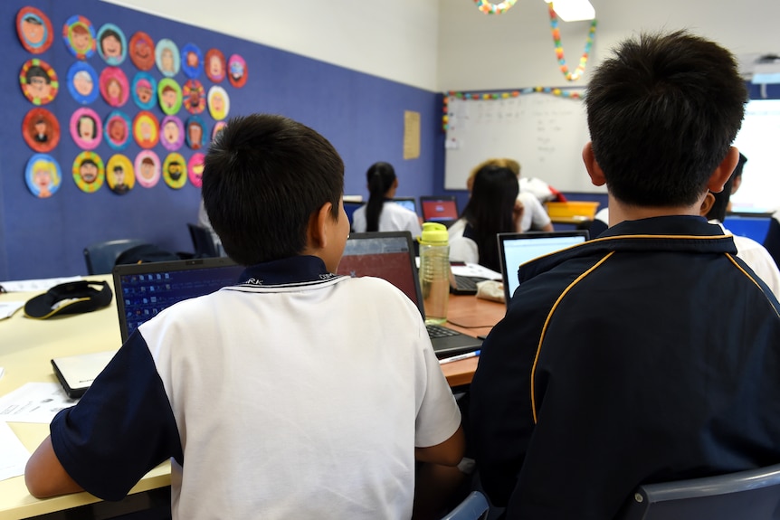 Rear shot of teenagers sitting at desks  in a classroom.