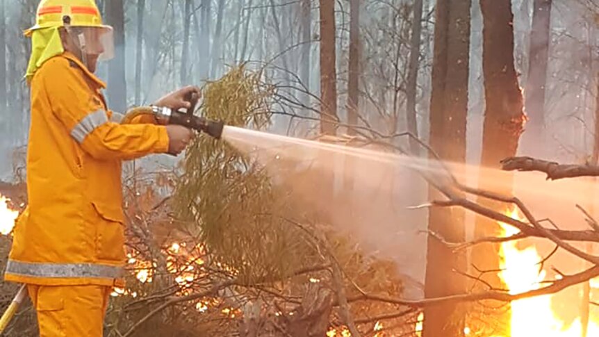 A rural firefighter hosing down a bushfire