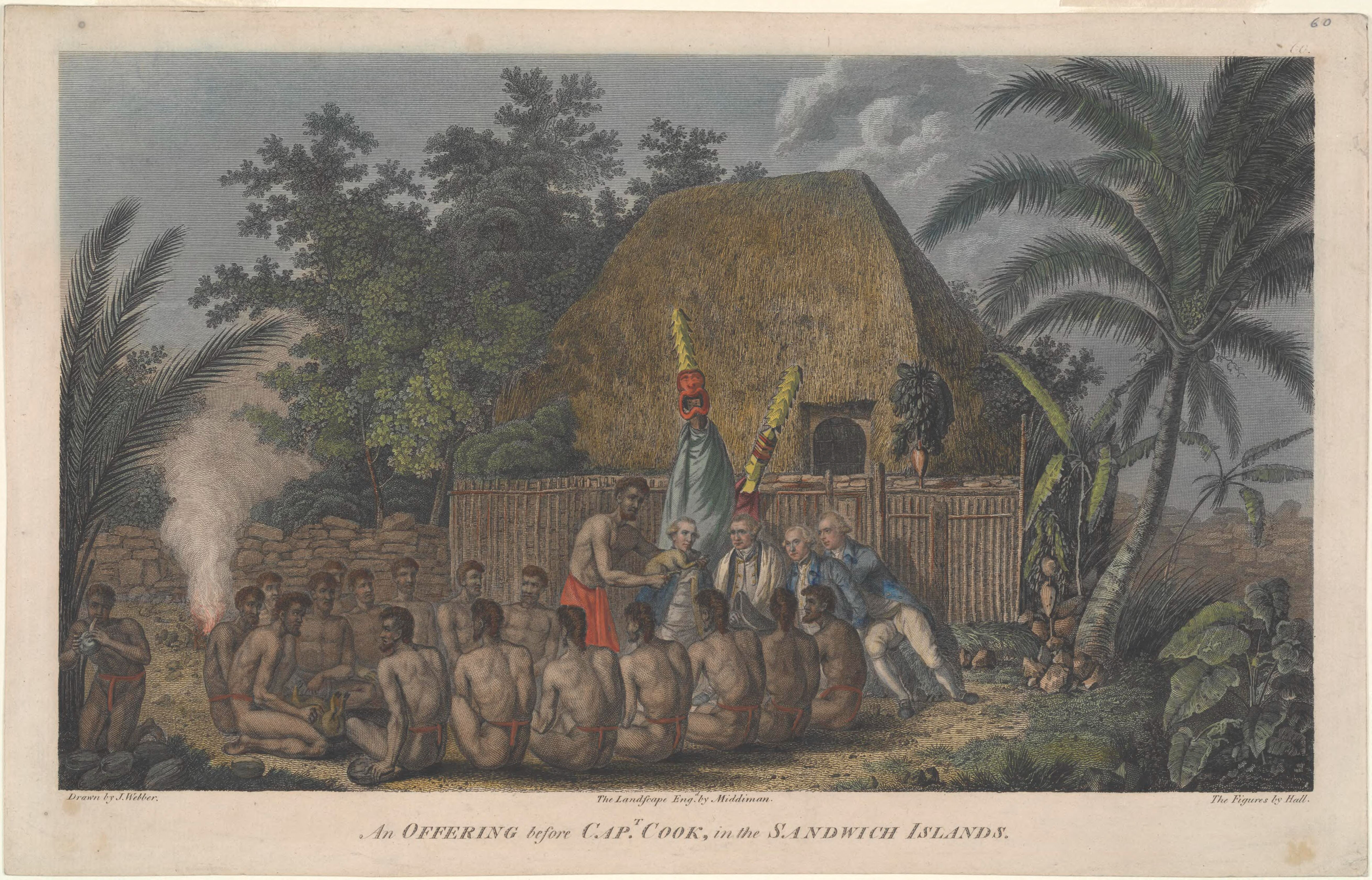 An artwork of Captain Cook being treated like a highly regarded guest in Hawai'i.