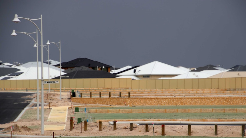 New housing subdivision with vacant blocks in the foreground and established houses at rear.