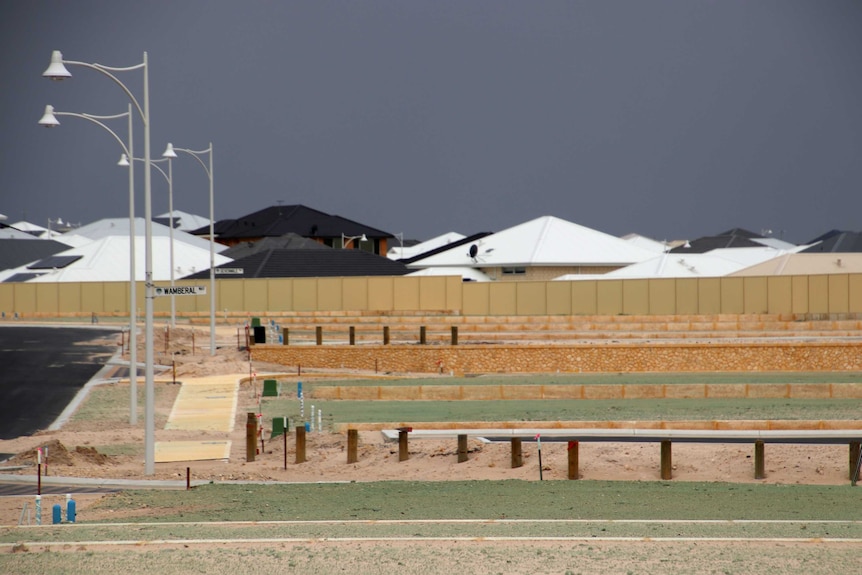 New housing subdivision with vacant blocks in the foreground and established houses at rear.