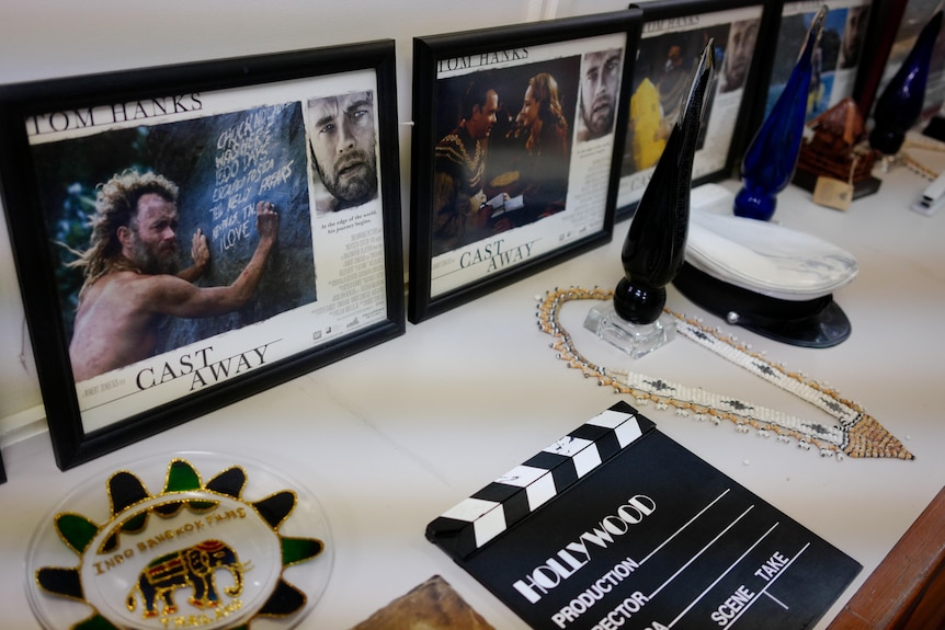 Castaway memorabilia sits on a bench in the Films Fiji office