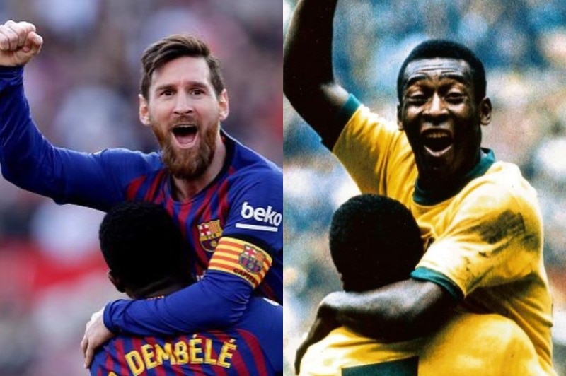 Messi and Pele both hug a teammate and raise their fists in celebration.