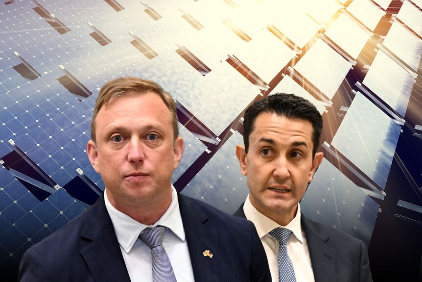 A graphic of Steven Miles and David Crisafulli with solar panels behind them