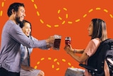 Man and two women cheers with alcohol for a story about drinking culture in the workplace when you're sober