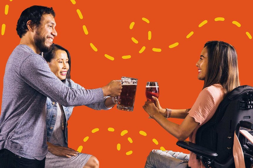 Man and two women cheers with alcohol