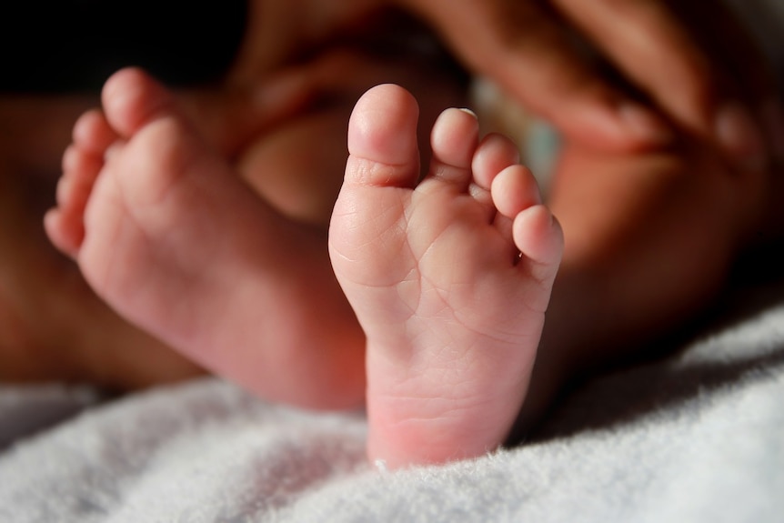 Small baby feet are pictured close up sitting on a white blanket.