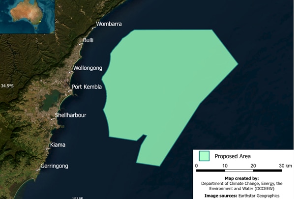 Map showing the windzone stretching from 10ks off the coast Wollongong and 30ks off the coast at Kiama.