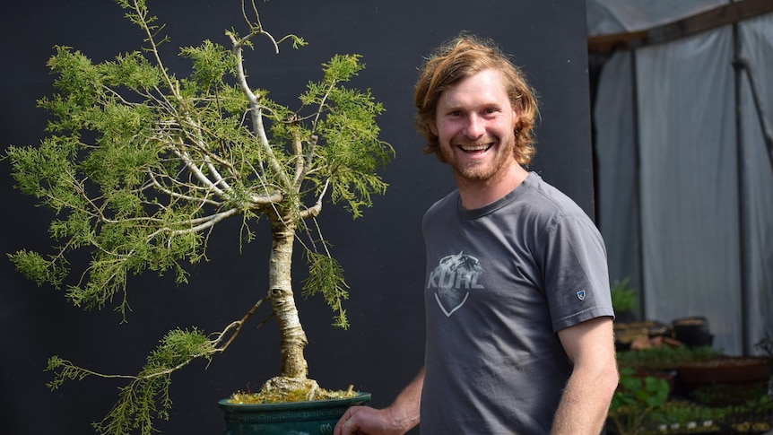 A man stands smiling next to a Bonsai Huon pine, he has red hair and is wearing a grey t-shirt.