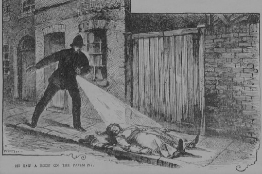 Contemporary 1888 illustration of PC Neil discovering the body of Mary Ann Nichols with his lantern.