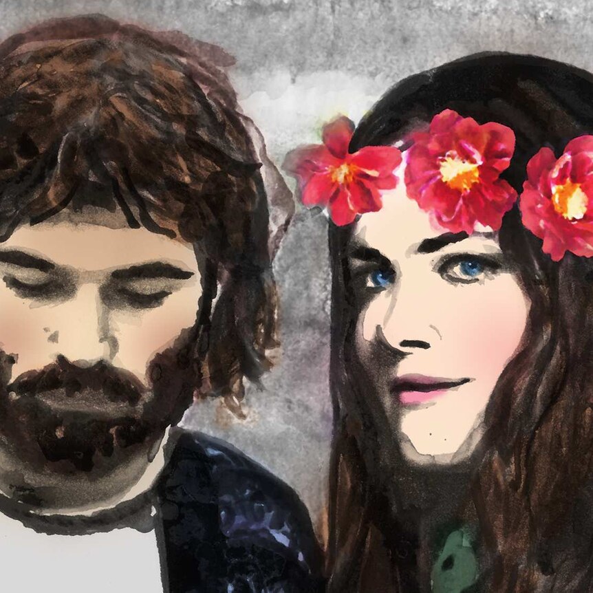 An illustration of Australian singer-songwriters Angus and Julia Stone with red flowers in their hair