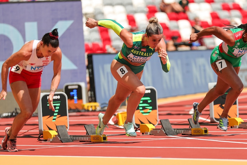 Australian sprinter Bree Masters springs from the blocks.