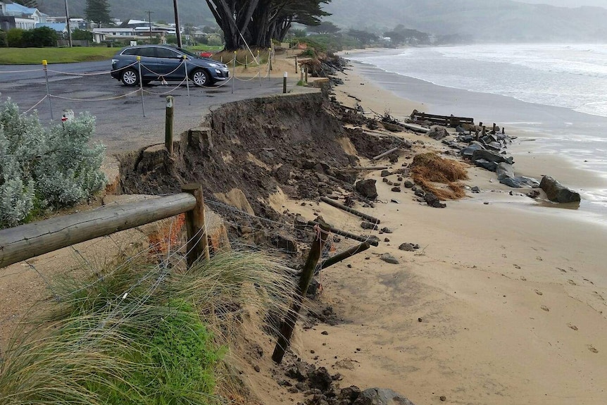 The edge of a carpark at Apollo Bay has collapsed onto the beach due to erosion.
