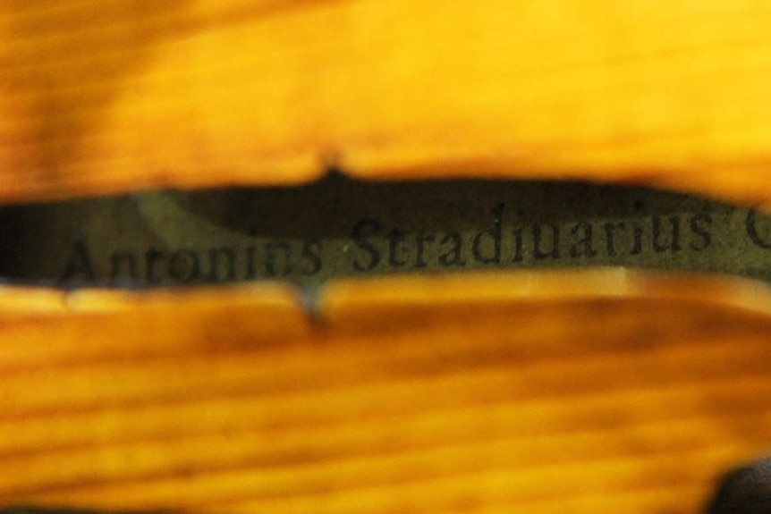 Looking inside an old viola to adhesive label with name 'Antonins Stradiuarius'.
