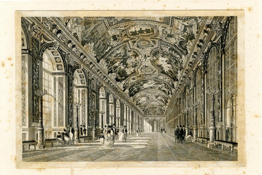 An etching of the Gallerie des Glaces, Versailles.