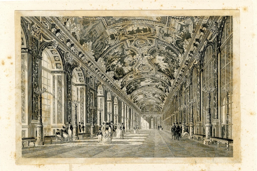 An etching of the Gallerie des Glaces, Versailles.