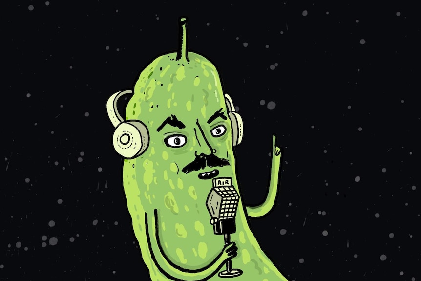 A podcast tile design of a pickle floating in space with a radio microphone.
