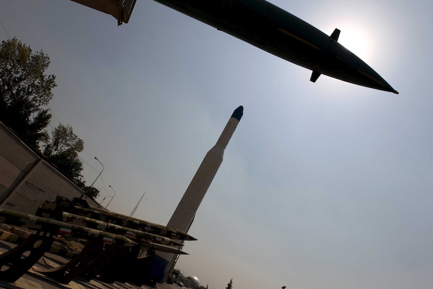 Iranian-made missiles are pictured at Holy Defence Museum in Tehran.