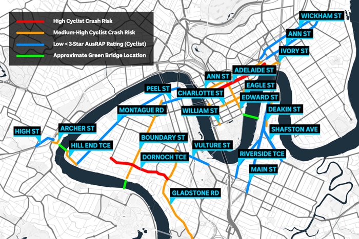 Map of city with roads highlighted in different colours