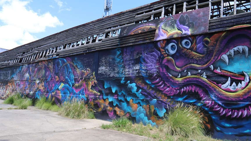 Graffiti of a colourful dragon painted on a wall of the Red Hill Skate Arena in inner-city Brisbane.