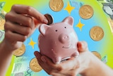 A hand drops a coin into a piggy bank. The background is illustrated with coins and $100 notes. 