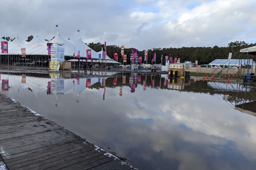 Festival ground has become one giant puddle, inundated with water at Splendour in the Grass.