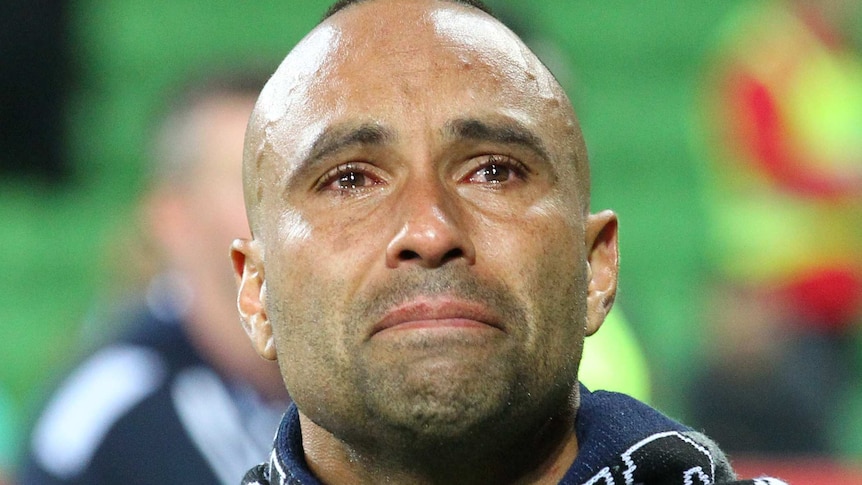 Archie Thompson sobs during Melbourne Victory farewell