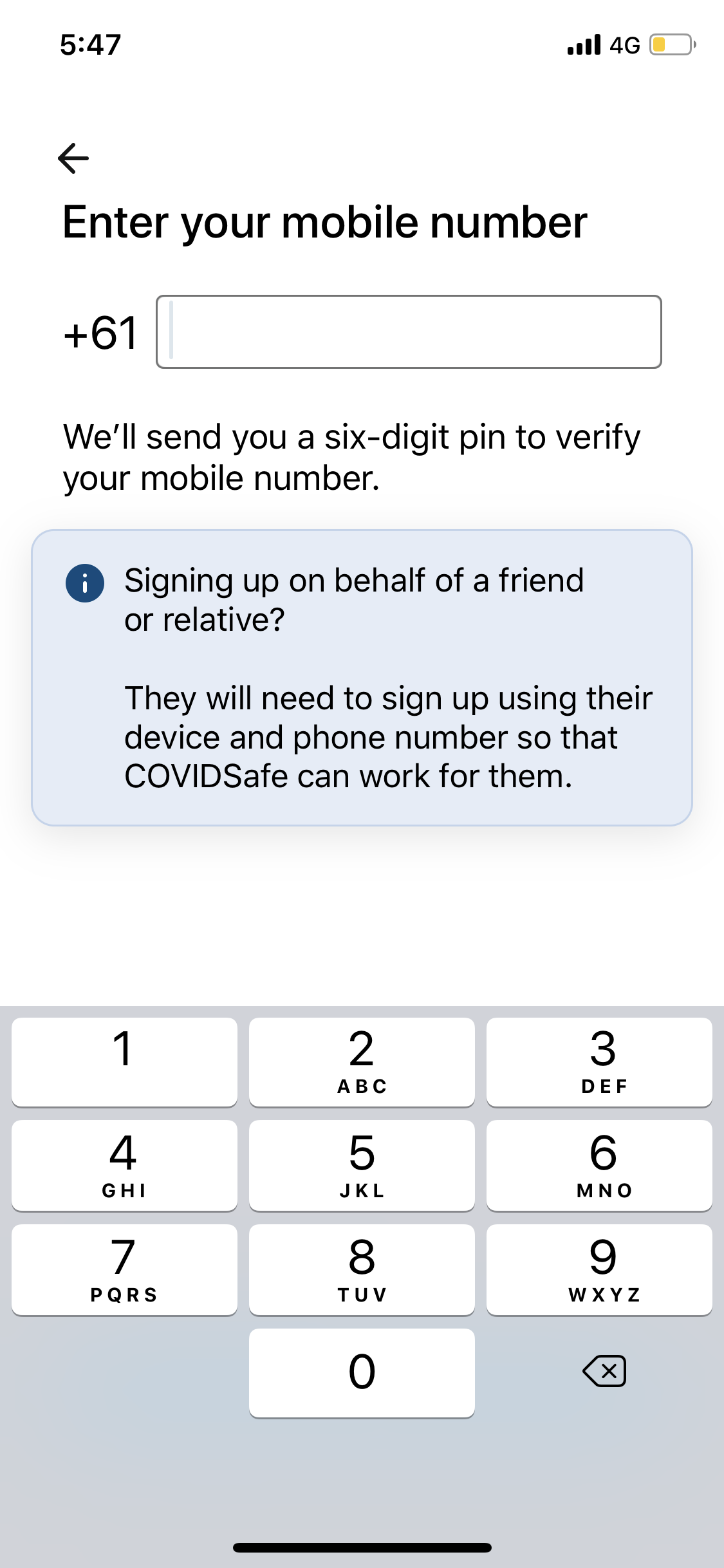 A phone screen that asks COVIDSafe users to enter their phone number.