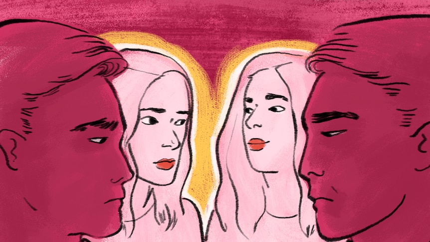An illustration of two women looking at each other, as two men in the frame do the same thing.