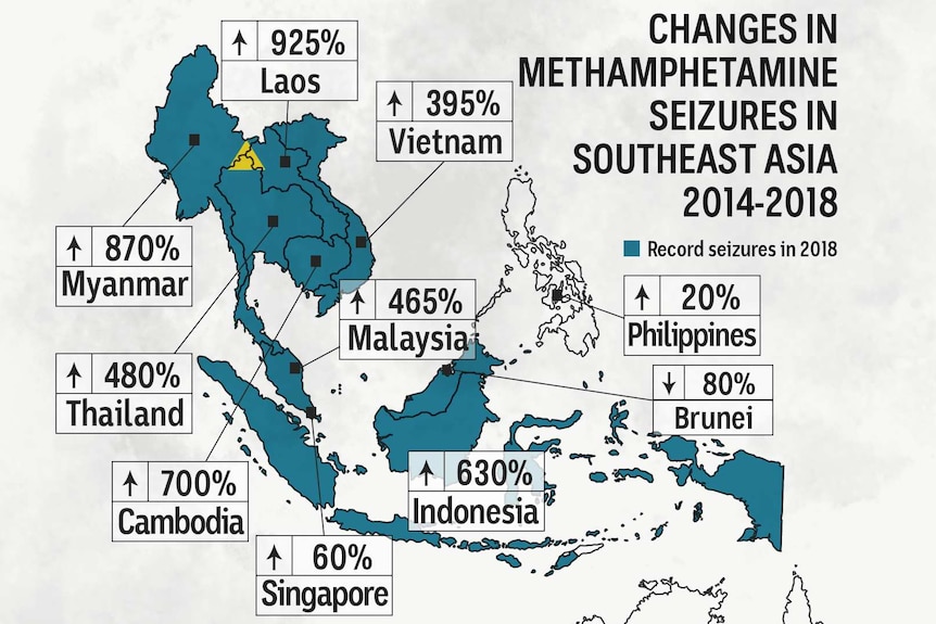 Map of South-East Asia shows record seizures across the region during 2018.