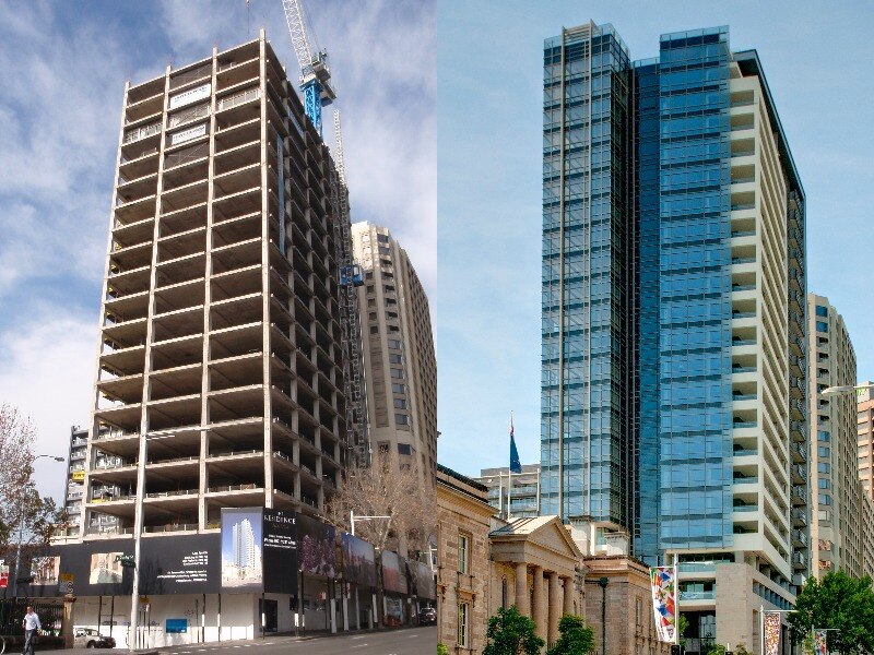 Composite image of two tall buildings after a conversion