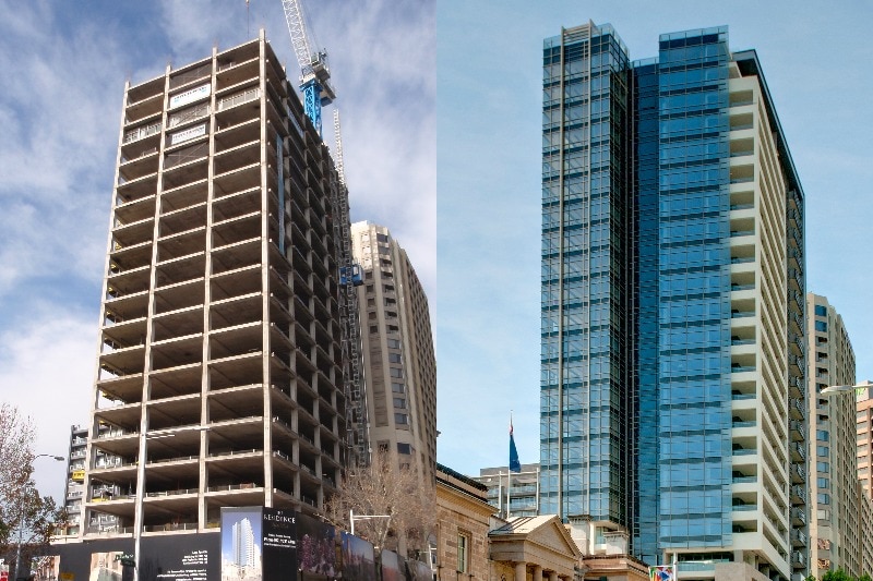 Composite image of two tall buildings after a conversion