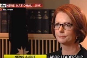 Gillard on screen with Labor leadership News Alert graphics.