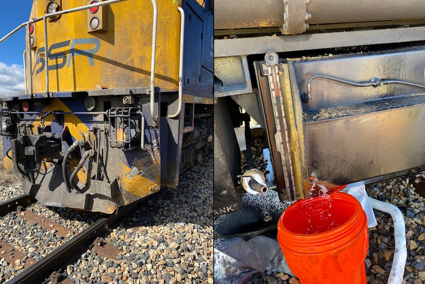 A damaged train and a bucket