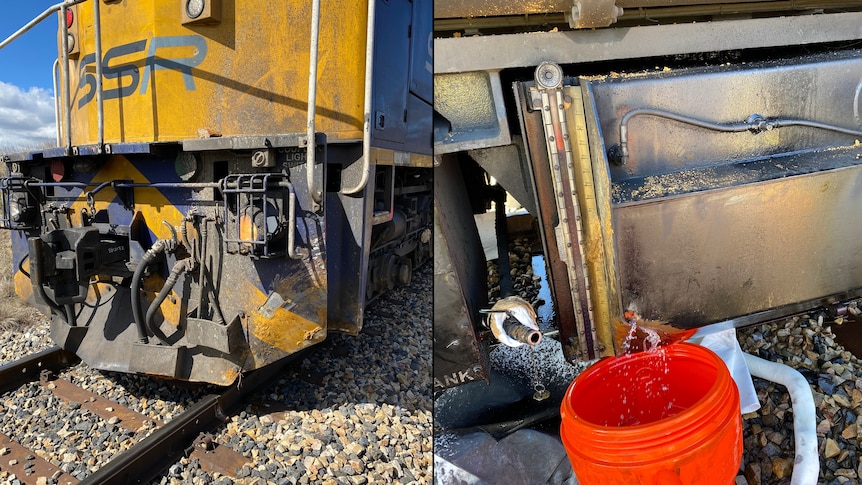 A split image showing the front of a diesel train and a ruptured fuel tank.