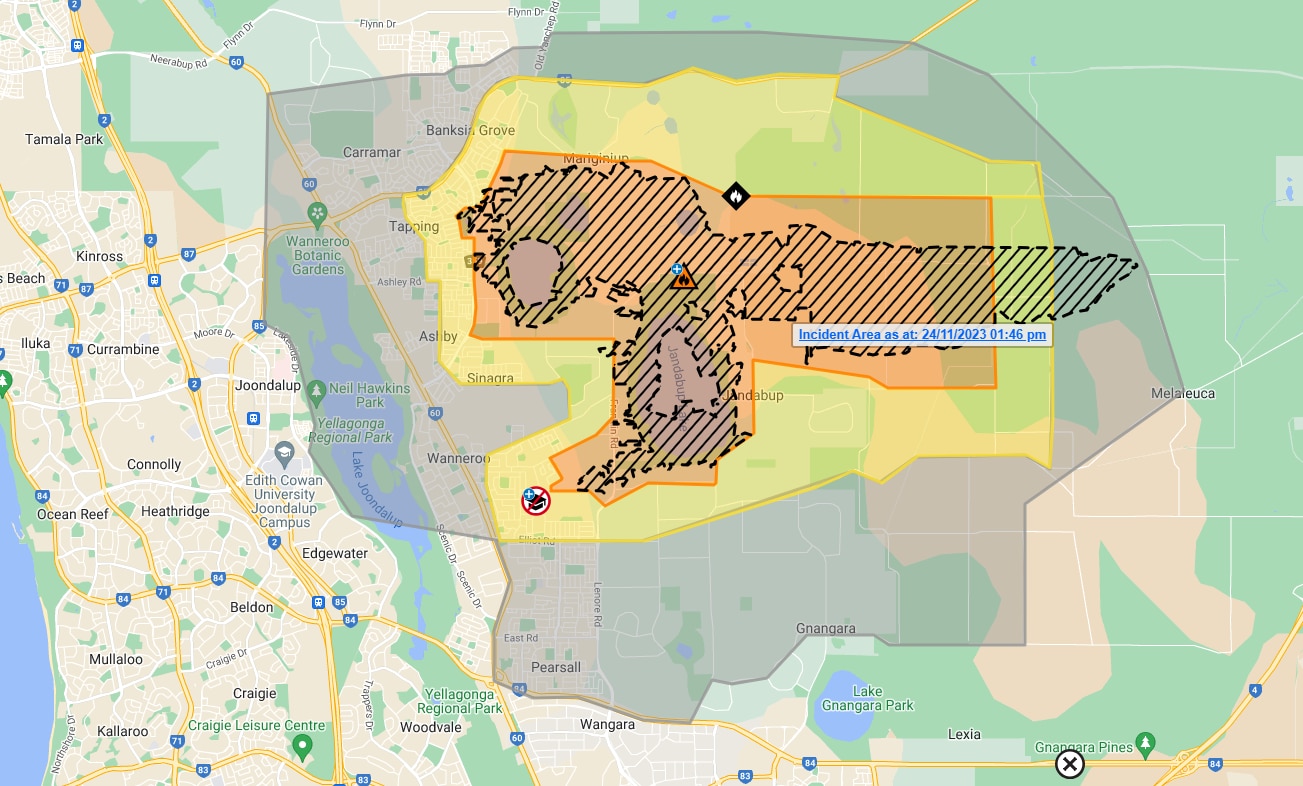 Um mapa de alerta do incêndio em Mariginiup de novembro de 2023