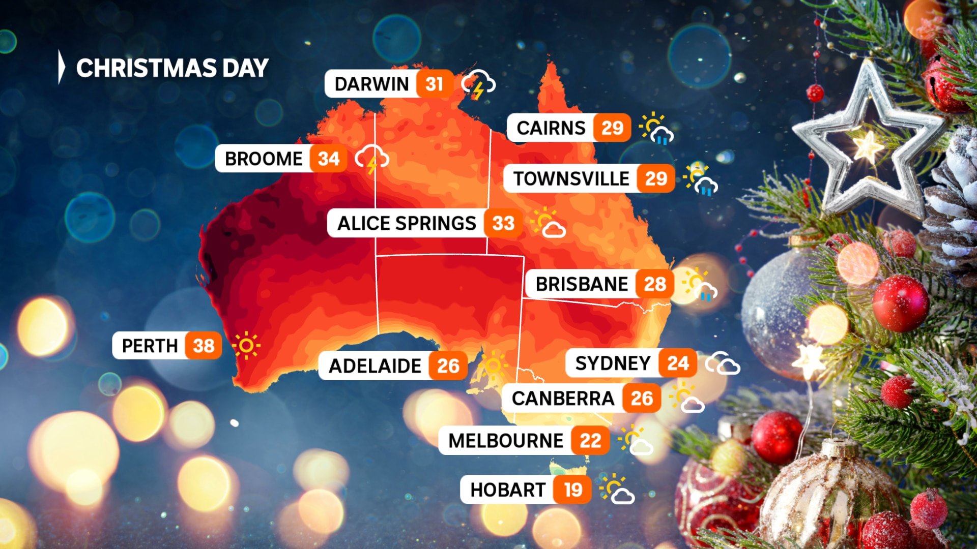 Um mapa meteorológico mostra as temperaturas esperadas na Austrália no dia de Natal.