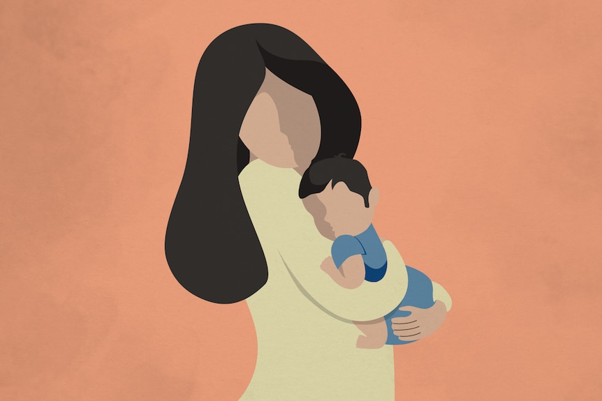 A graphic shows a stylised image of a woman with long hair holding a small child to her chest against an orange background.