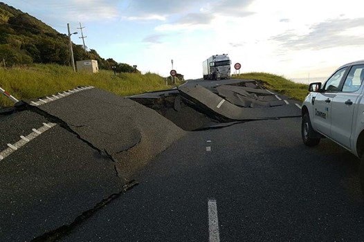 A damaged road in New Zealand after the quake