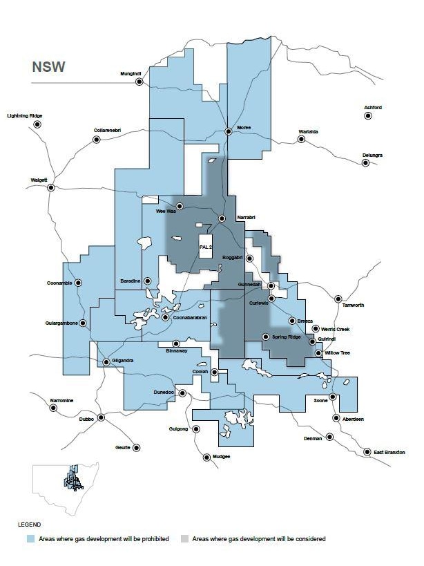 Un mapa de áreas donde se permite la exploración de gas.