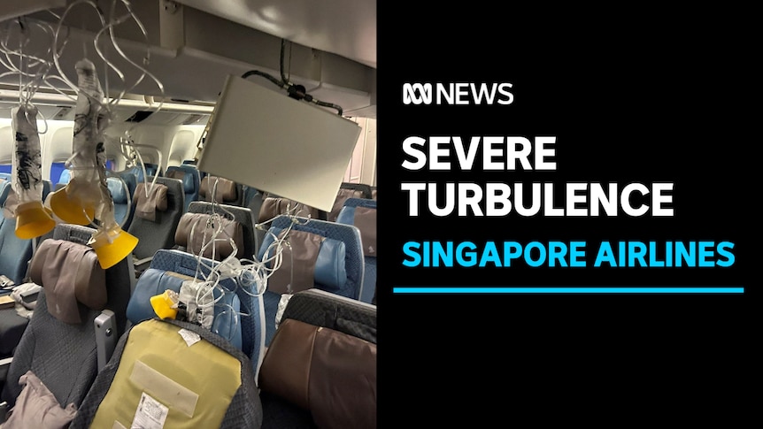 Severe Turbulence, Singapore Airlines: The interior of an empty passenger plane with oxygen masks tangling from the ceiling.