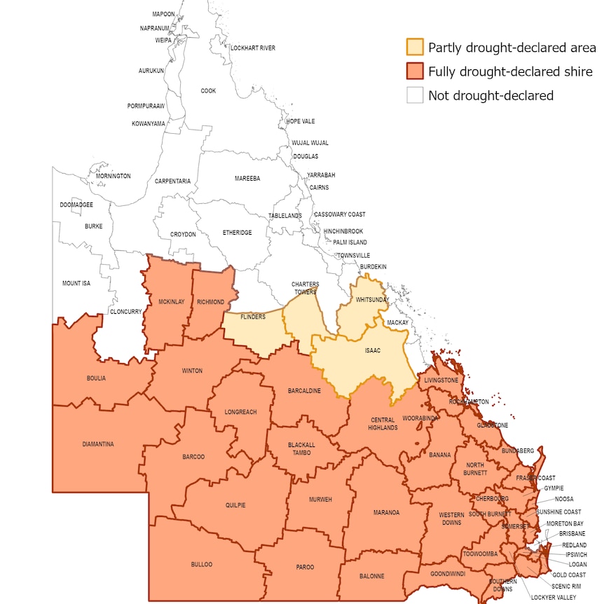 Map of Queensland showing in orange, how much of it is drought-declared — the vast majority of regions are highlighted.