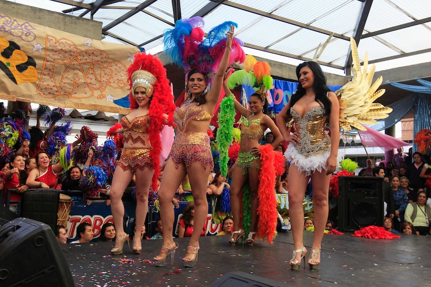 The prison inmates don full pageant attire adorned with diamantes and fringing for the event.